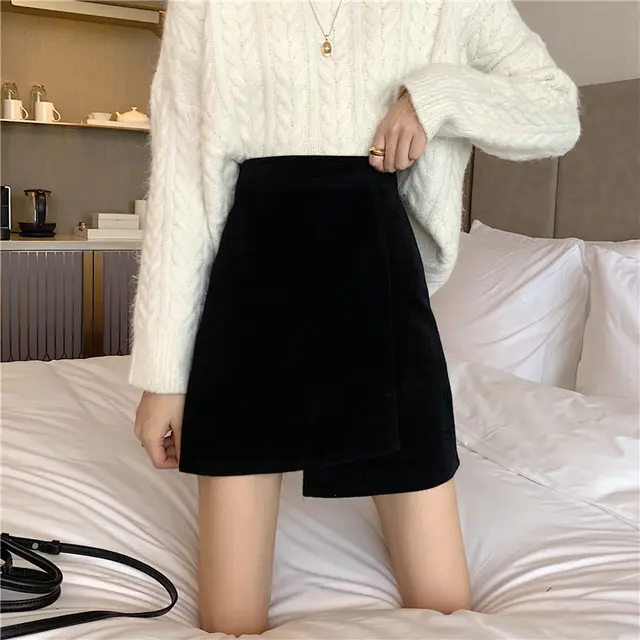 High Waist Thin A line Skirt Irregular Thick Woolen Cloth Black - Shop at LoveMi