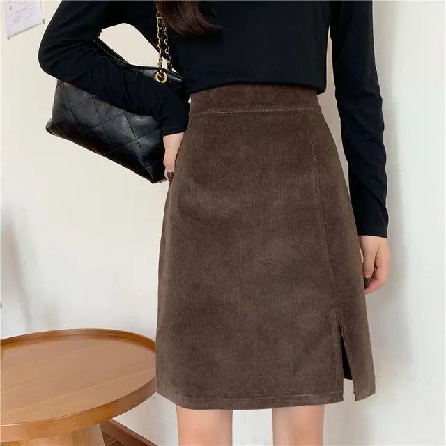 Plus Size Corduroy Skirt With High Waist Slits Brown - Shop at LoveMi