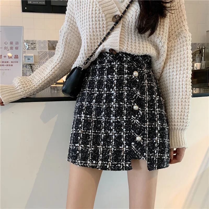 Retro Plaid Irregular A-line Bag Hip Skirt - Black