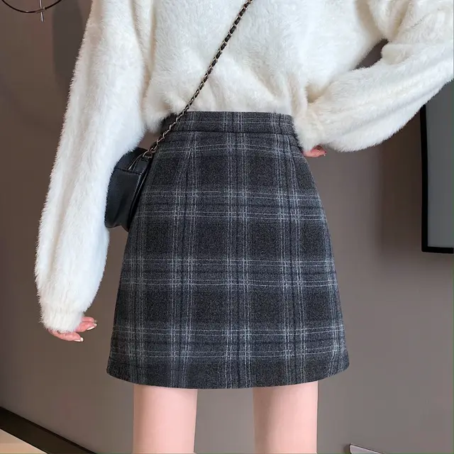 Woolen Plaid Skirt Retro High Waist Was Thin Black - Shop at LoveMi