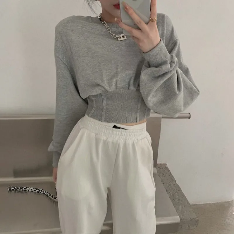 Women's Short Sweater Korean Style Loose High Waist Long Sleeves Grey - Shop at LoveMi