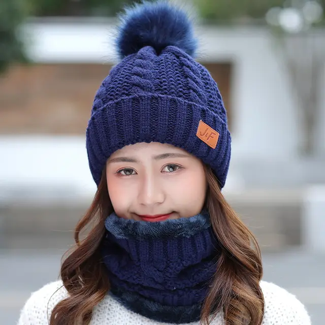 Cute Winter Ladies Bib Hat Suit Knitted Navy Blue Suit - Shop at LoveMi