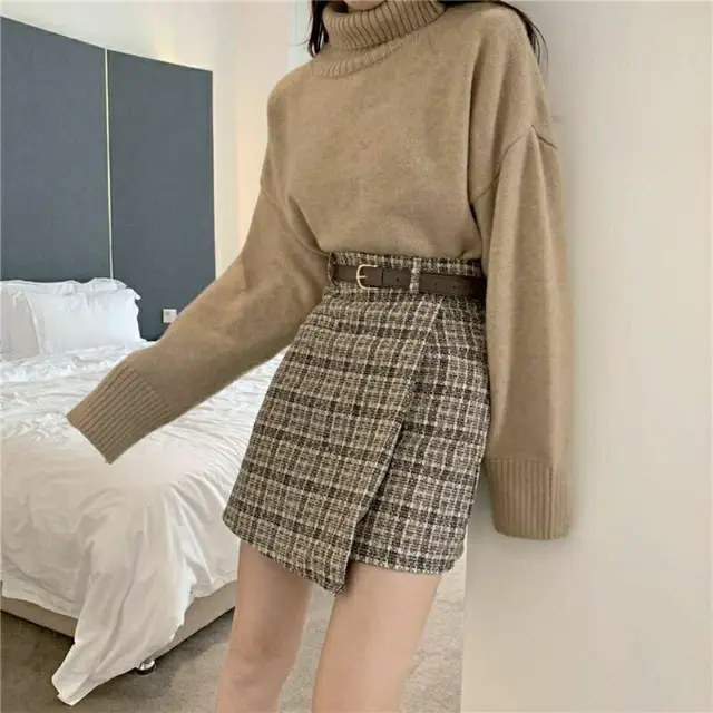 New Female High waisted A line Woolen Plaid Skirt Khaki - Shop at LoveMi