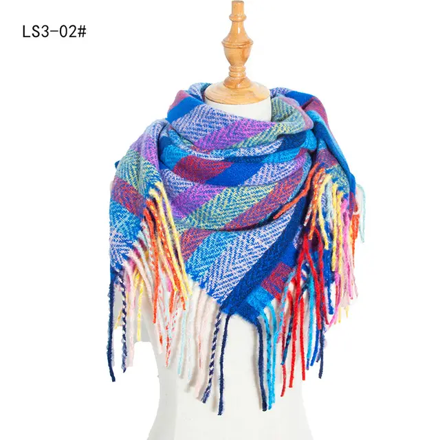 Yarn Stripe Grid Polyester Long Fringed Bristles Square Scarf Women Men's Bib Shawl Style C - Shop at LoveMi