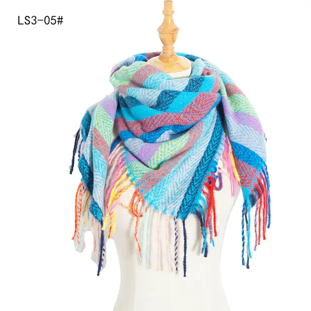 Yarn Stripe Grid Polyester Long Fringed Bristles Square Scarf Women Men's Bib Shawl Style D - Shop at LoveMi