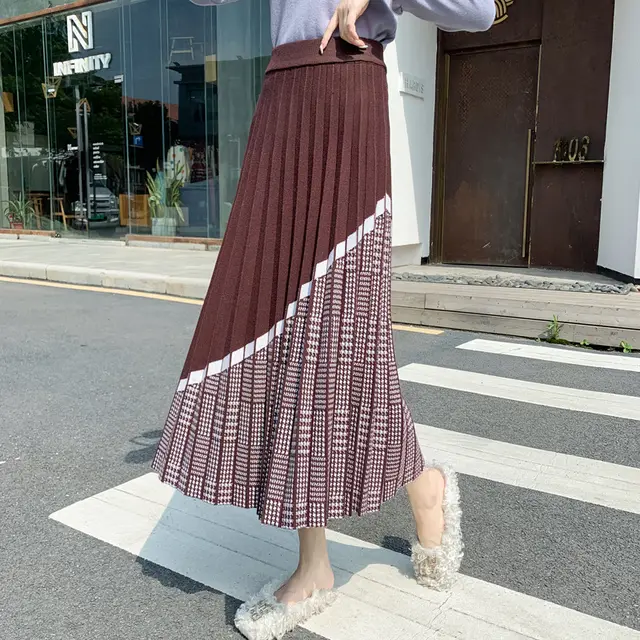 Mid length Pleated Skirt A line Skirt Female High Waist Skirt Coffee - Shop at LoveMi