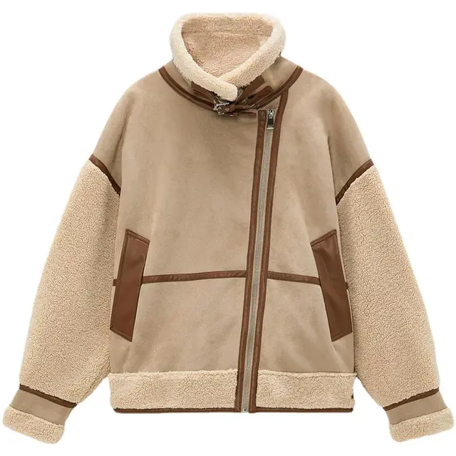 Simple Stitching Zipper Jacket Women Camel - Shop at LoveMi