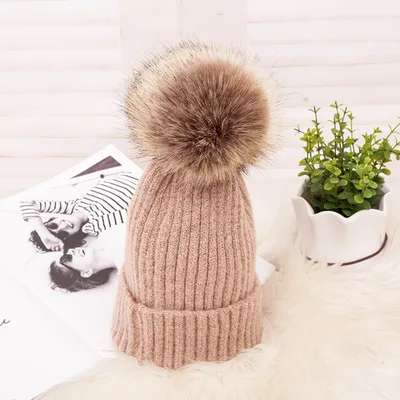 Thickened Warm Dark Buckle Wool Ball Woolen Hat Pink - Shop at LoveMi