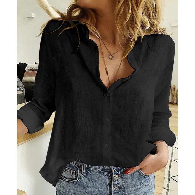 Ladies Casual Loose Long sleeved Linen Shirt Plus Size Women 1Black - Shop at LoveMi