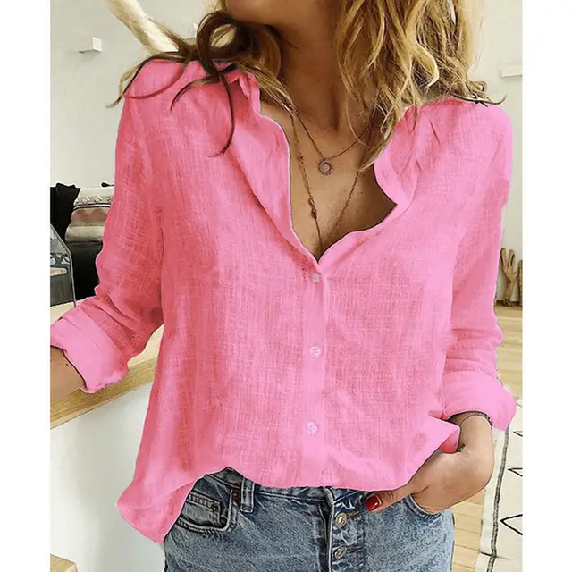 Ladies Casual Loose Long sleeved Linen Shirt Plus Size Women 1Pink - Shop at LoveMi