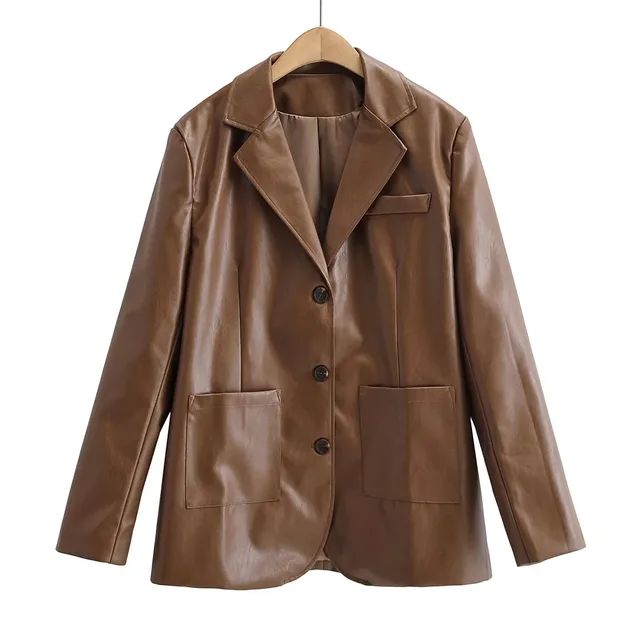 Temperament Commuting Light Cooked Wind Big Pocket Faux Leather Suit Jacket Brown - Shop at LoveMi