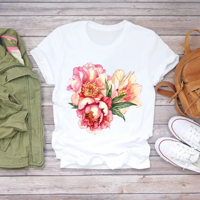 Flower Fashion Print White Short Sleeve Gh69P - Shop at LoveMi