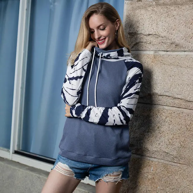 Explosive Round Neck Hooded Long sleeved Tie dye Sweater Blue - Shop at LoveMi