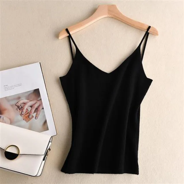 Spring And Summer V neck Camisole Bottoming Underwear Loose Knit Sweater Black - Shop at LoveMi