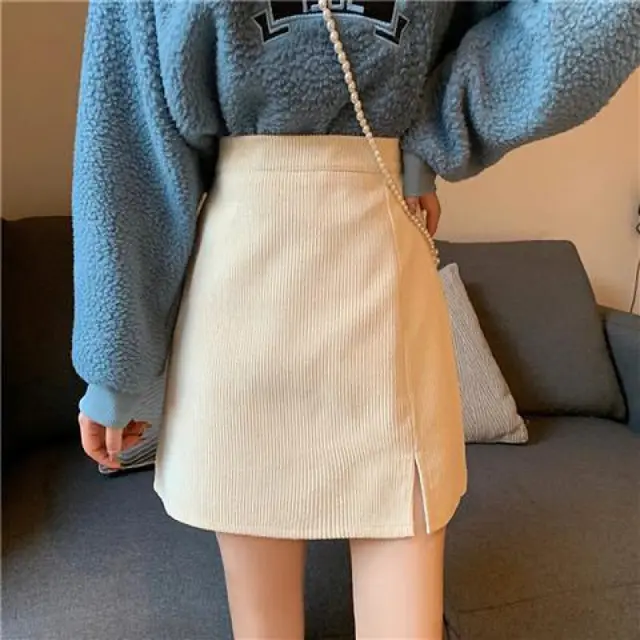 Pattern Corduroy Female Retro High Waist A Line Skirts Womens Mini Apricot - Shop at LoveMi