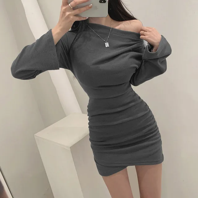 Fashion Slanted Shoulder Pleated Long sleeved Dress Slim Fit Grey - Shop at LoveMi