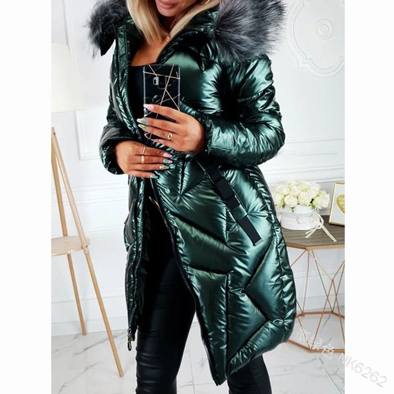 Glossy PU Big Fur Collar Slim Mid length Long sleeved Zipper Fashion Warm Cotton Jacket Women Green - Shop at LoveMi