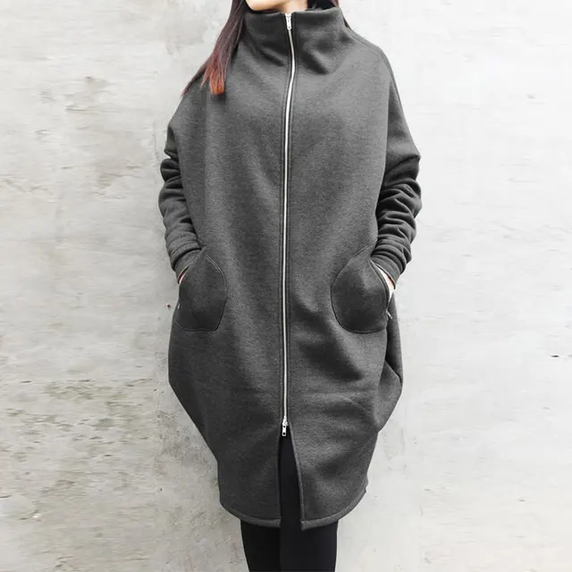 Solid Color Hooded Pocket Sweater Zipper Mid length Coat Grey - Shop at LoveMi
