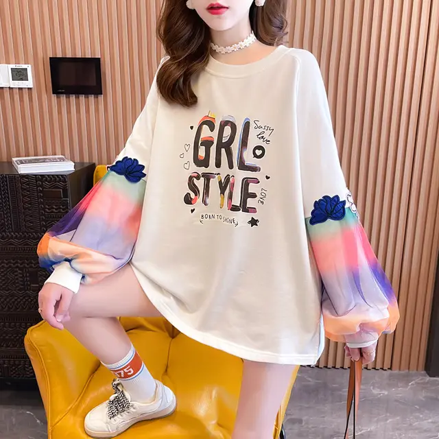 Round Neck Women's Wide sleeved Lace Letter Printed Sweater White - Shop at LoveMi