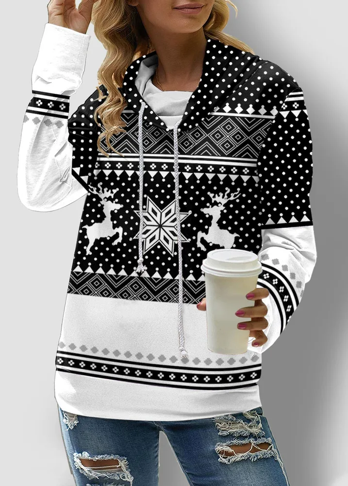 Women's Check Printed Long Sleeve Drawstring Turtleneck Sweatshirt - Black White