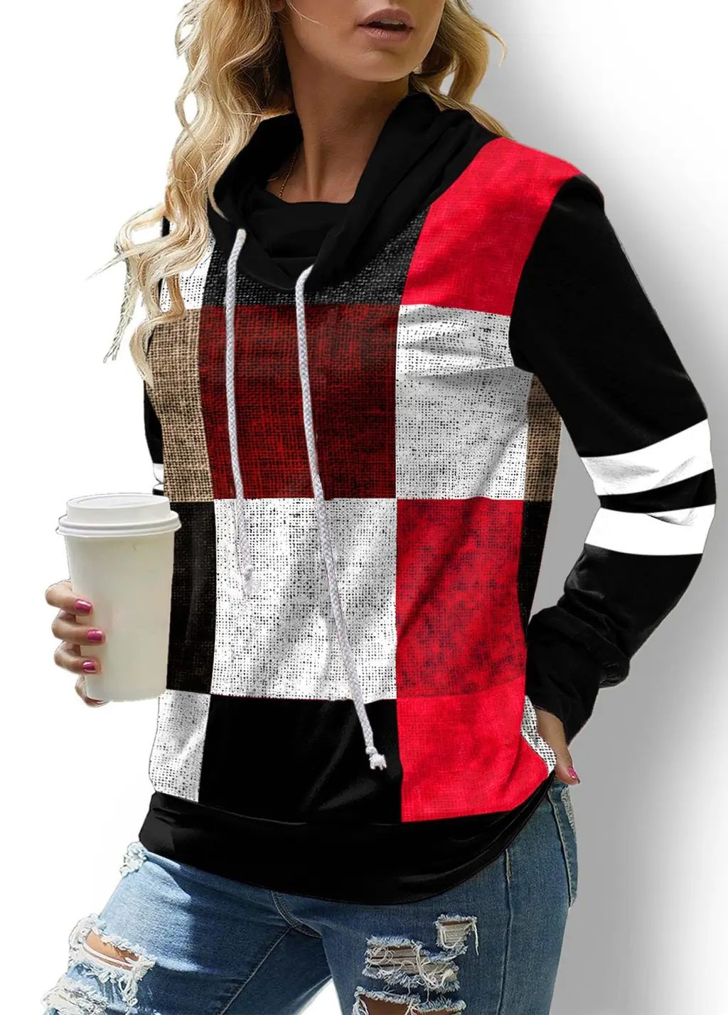 Women's Check Printed Long Sleeve Drawstring Turtleneck Sweatshirt - Colorful - View 1