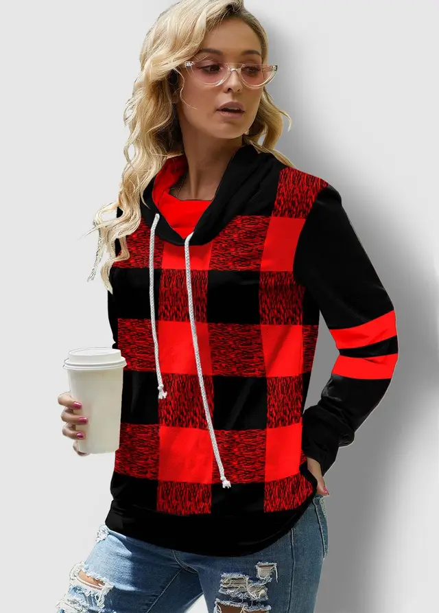 Women's Check Printed Long Sleeve Drawstring Turtleneck Sweatshirt Red - Shop at LoveMi
