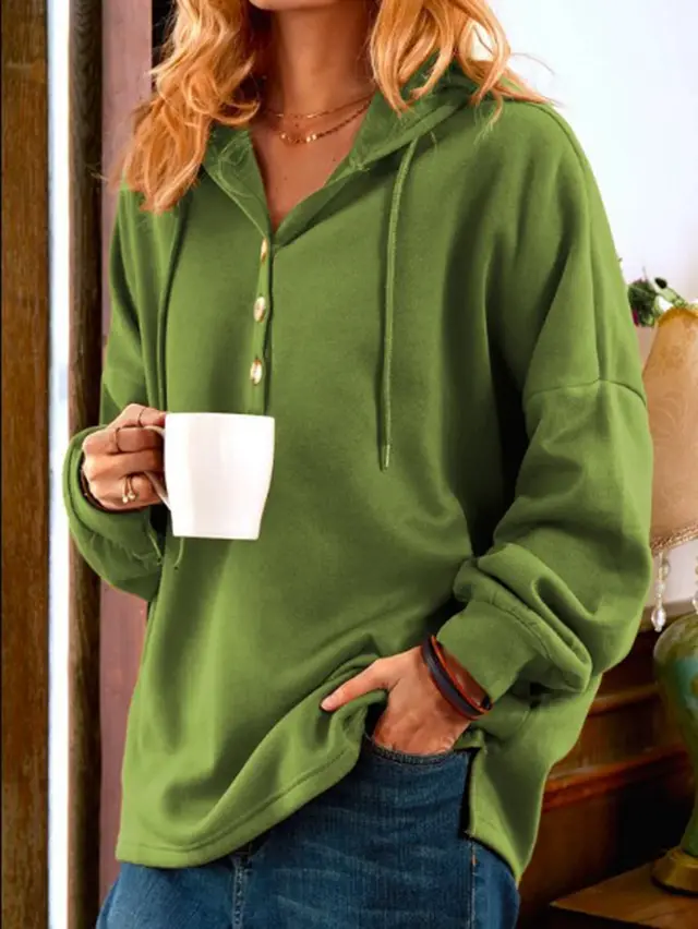 Short Casual Hooded Solid Color Cotton Commuter Sweater Green - Shop at LoveMi