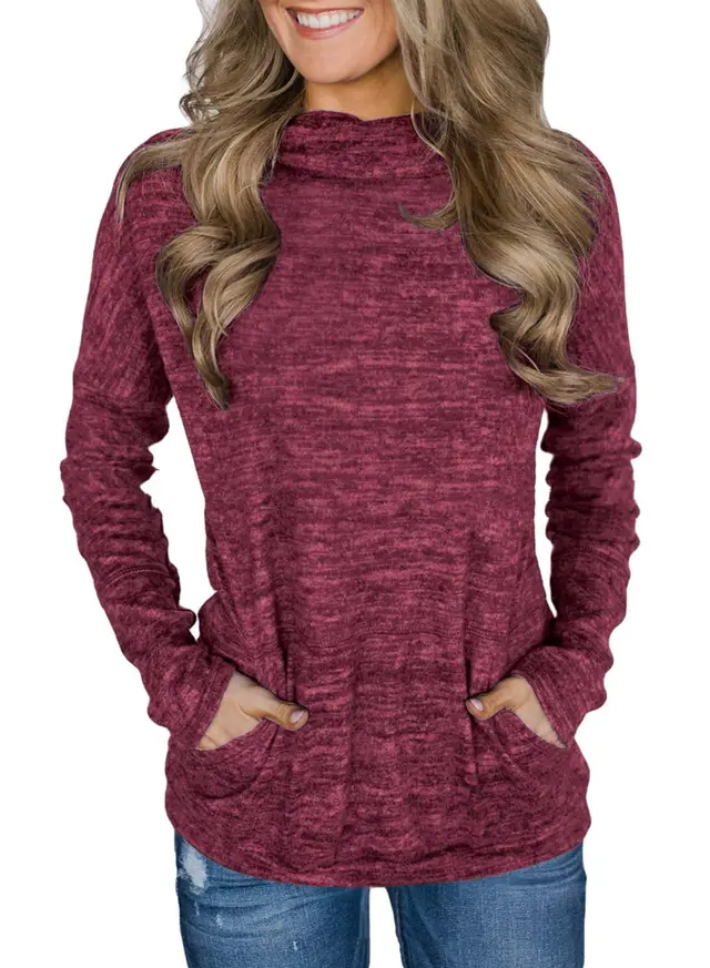High Neck Long Sleeve Collage Pocket Blouse Women's Sweater Wine Red - Shop at LoveMi