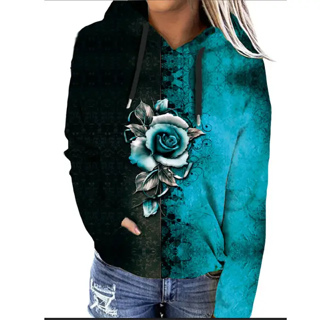 Women's Printed Hooded Sweatshirt Rose Lake Blue - Shop at LoveMi