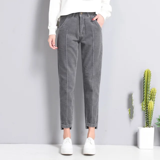 Loose Feet Pants Casual Radish Pants Corduroy Cropped Trousers Dark Grey - Shop at LoveMi