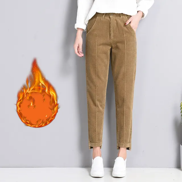 Loose Feet Pants Casual Radish Pants Corduroy Cropped Trousers Plus Velvet Brown - Shop at LoveMi