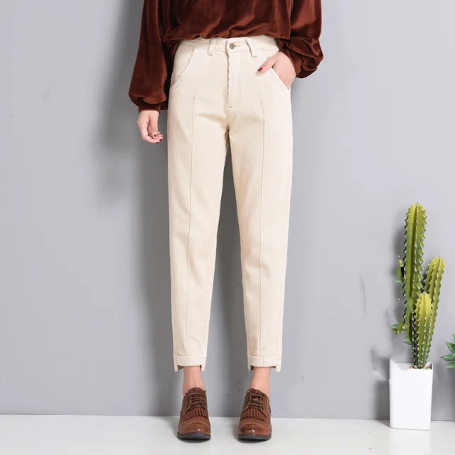Loose Feet Pants Casual Radish Pants Corduroy Cropped Trousers White - Shop at LoveMi