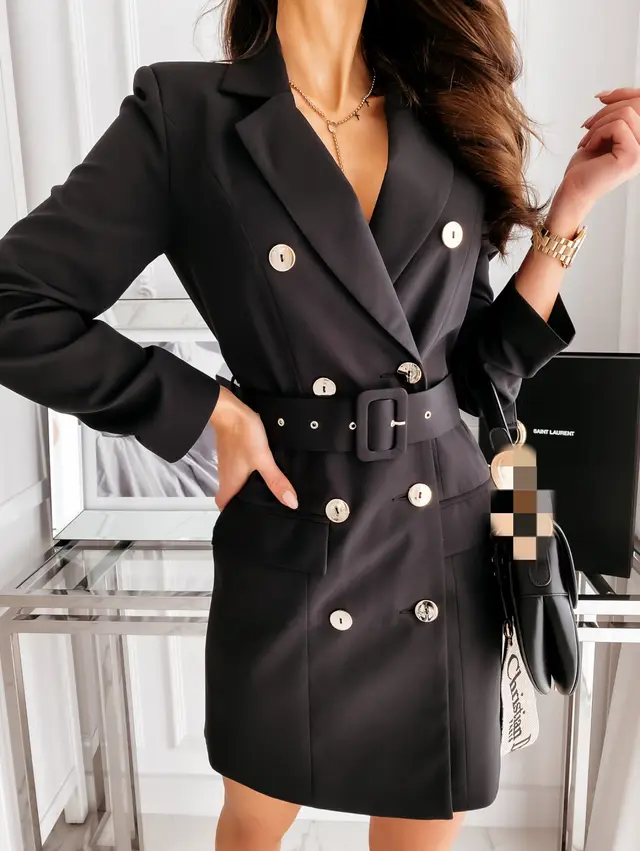 Plaid Suit Dress With Long Sleeves And Belt Black - Shop at LoveMi