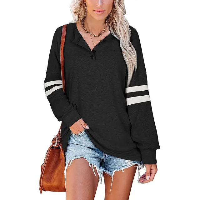 European And American Women's Striped Long sleeved V neck T shirt Sweater Black - Shop at LoveMi