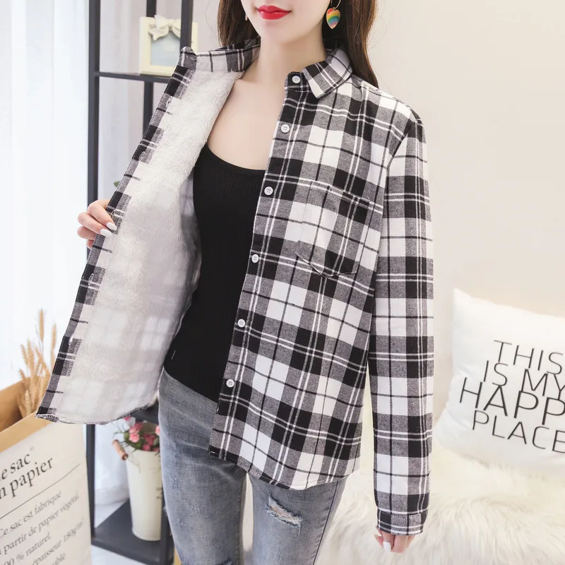 Thicken Plus Velvet Plaid Shirt Women Retro White - Shop at LoveMi