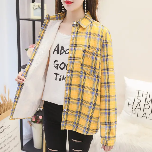 Thicken Plus Velvet Plaid Shirt Women Retro Yellow - Shop at LoveMi