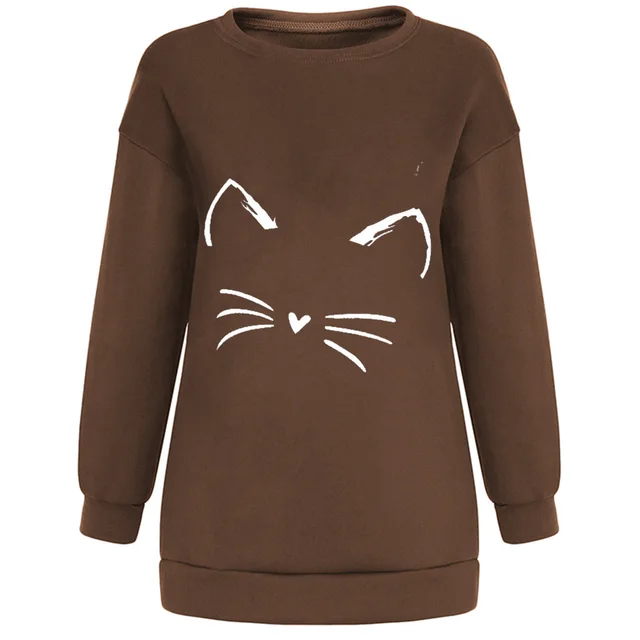 New Falling Shoulder Sweater Cat Women's Long Sleeve Top Coffee - Shop at LoveMi