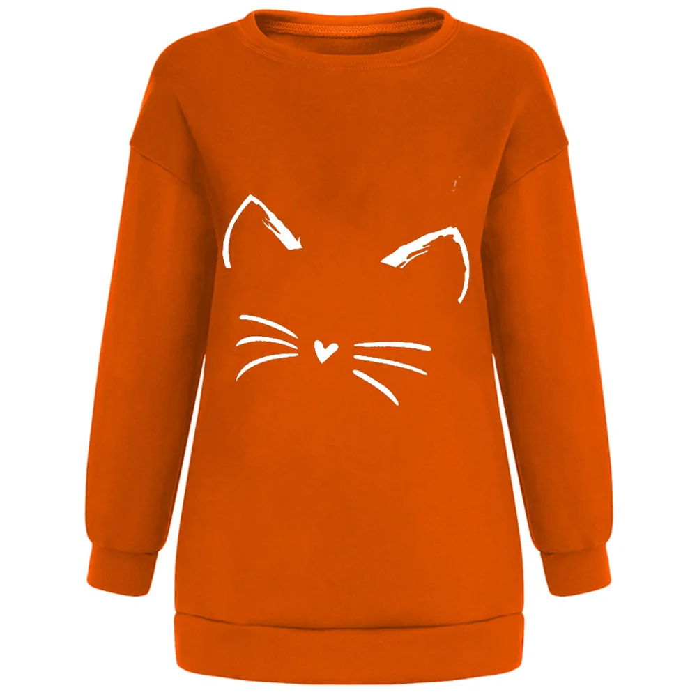 New Falling Shoulder Sweater Cat Women's Long Sleeve Top - Orange