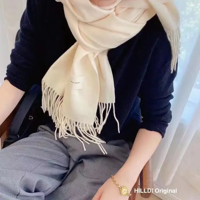 New Style Tassel Imitation Cashmere Scarf Padded Shawl Women Beige - Shop at LoveMi