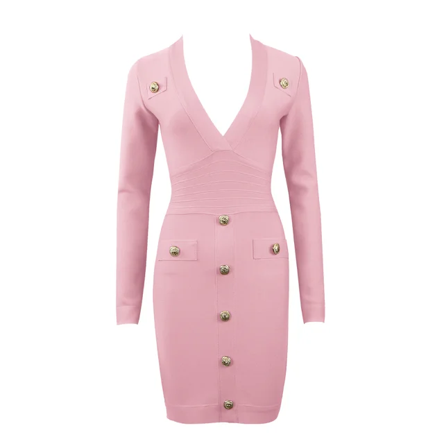 Single breasted Long sleeved Slim Ladies Temperament Dress Pink - Shop at LoveMi