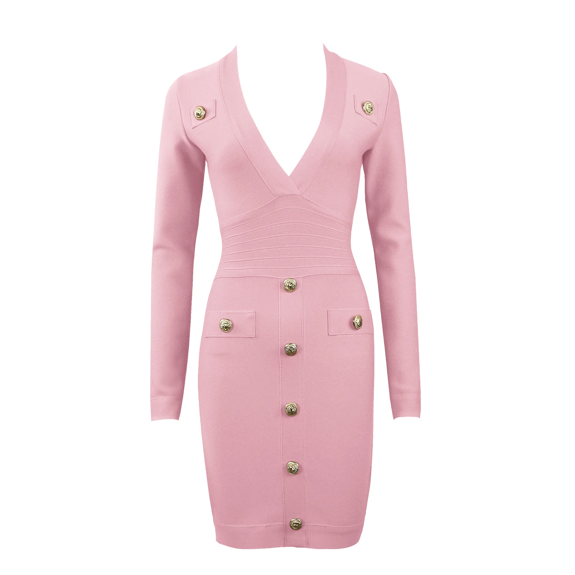 Single-breasted Long-sleeved Slim Ladies Temperament Dress - Pink