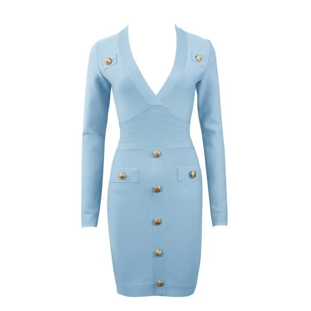 Single breasted Long sleeved Slim Ladies Temperament Dress Sky Blue - Shop at LoveMi
