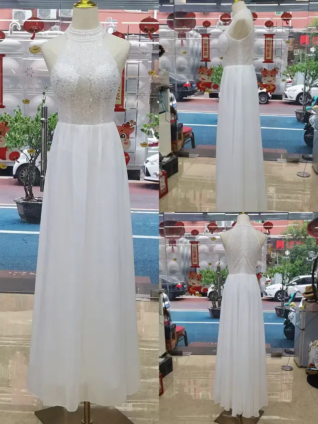 Halter Handmade Evening Dress Model Catwalks Fluffy Chiffon Yarn White - Shop at LoveMi