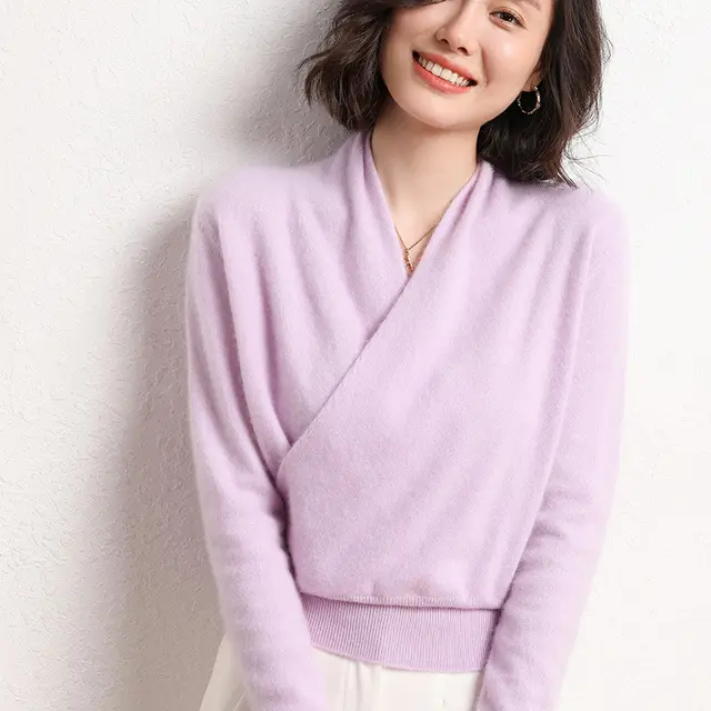 French Cross V neck Cashmere Sweater Women Loose fitting Outside Lilac Purple - Shop at LoveMi