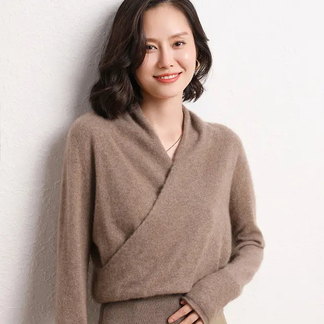 French Cross V neck Cashmere Sweater Women Loose fitting Outside Original Velvet Color - Shop at LoveMi