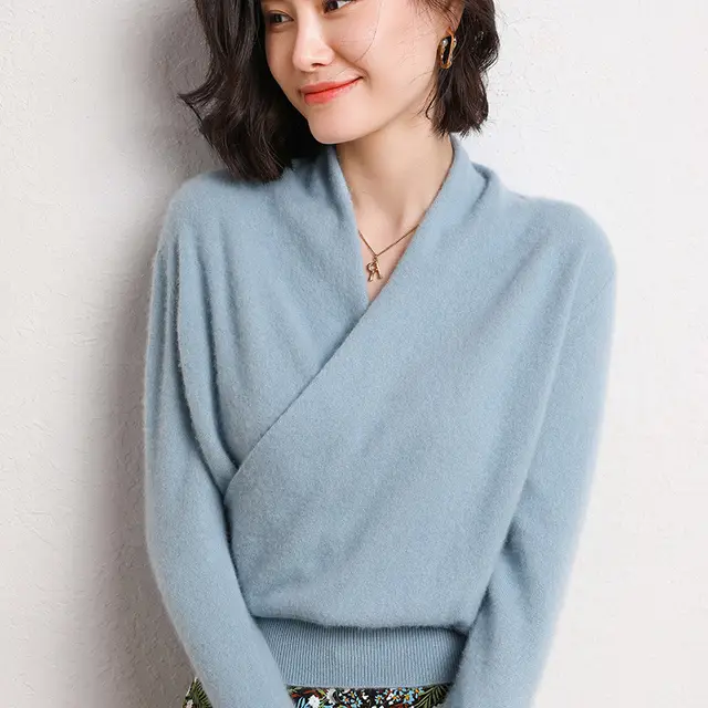 French Cross V neck Cashmere Sweater Women Loose fitting Outside Stone Blue - Shop at LoveMi