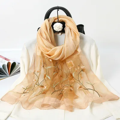 Ladies Embroidered Gold Silk Scarf Embroidered Cheongsam Shawl Yellow - Shop at LoveMi