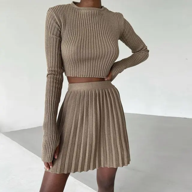 Women's Knitted Short Skirt Sweater Two piece Suit Brown - Shop at LoveMi