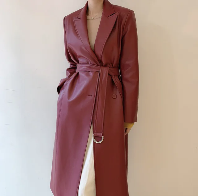 Double Breasted PU Leather Trench Coat With Suit Collar Red - Shop at LoveMi