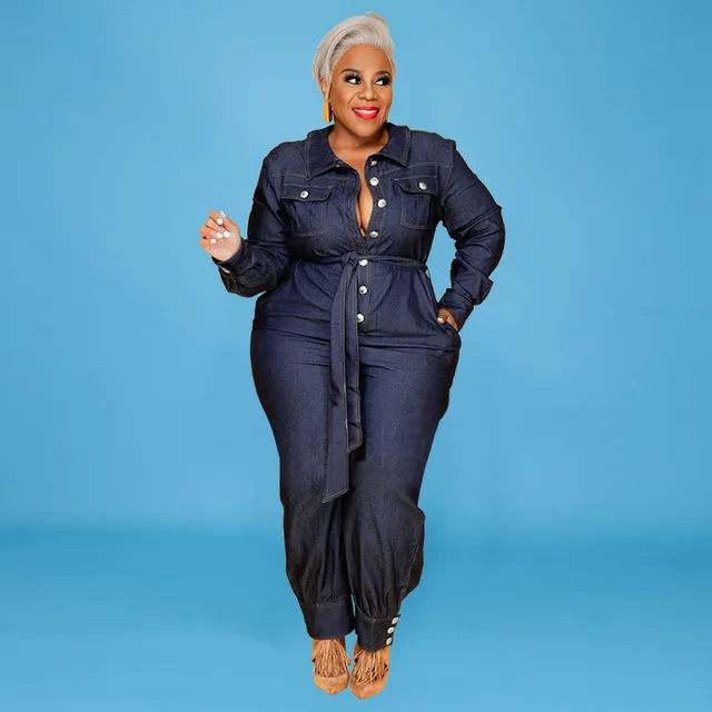 Autumn Lazada Rpmpers Plus Big Size Fat Women Denim Jumpsuit Blue - Shop at LoveMi